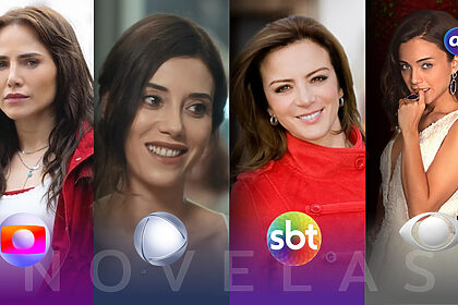 Protagonistas das principais novelas da TV Globo, RECORD, SBT e Band na arte de Audiência das Novelas