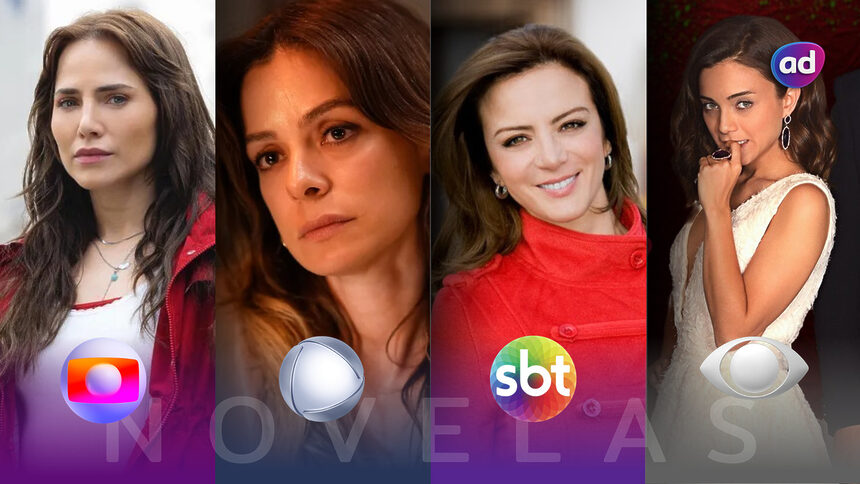 Protagonistas das novelas da TV Globo, RECORD, SBT e Band na arte das audiências