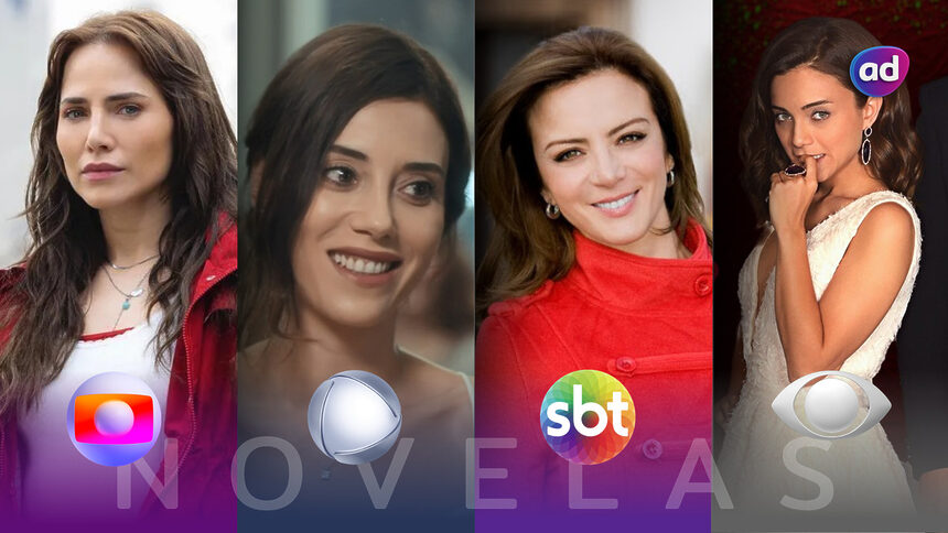 Protagonistas das principais novelas da TV Globo, RECORD, SBT e Band na arte de Audiência das Novelas