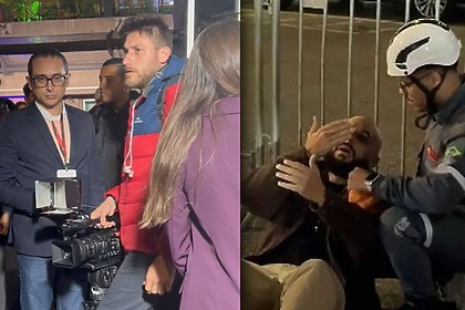 Cinegrafista da Globo sendo expulso após cabeçada em repórter, que está no chão com paramédicos