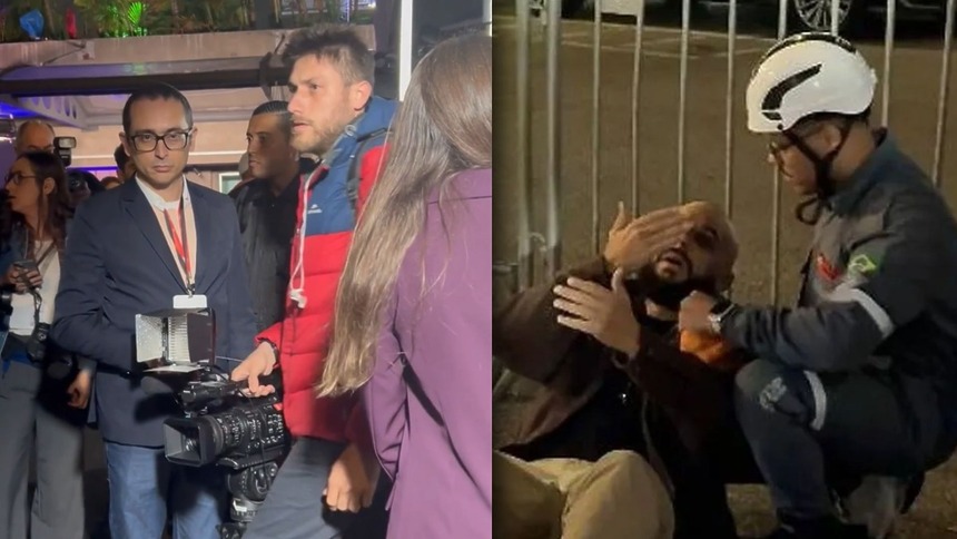 Cinegrafista da Globo sendo expulso após cabeçada em repórter, que está no chão com paramédicos