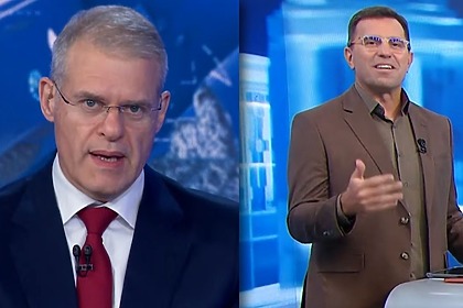 Eduardo Oinegue, no Jornal da Band, e Rodrigo Bocardi, no SBT Cidades, em uma montagem