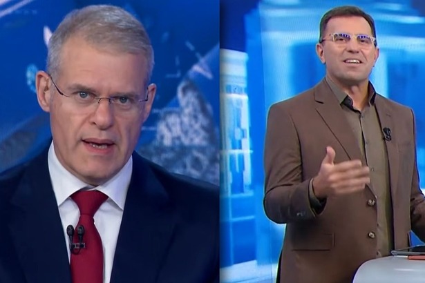 Eduardo Oinegue, no Jornal da Band, e Rodrigo Bocardi, no SBT Cidades, em uma montagem