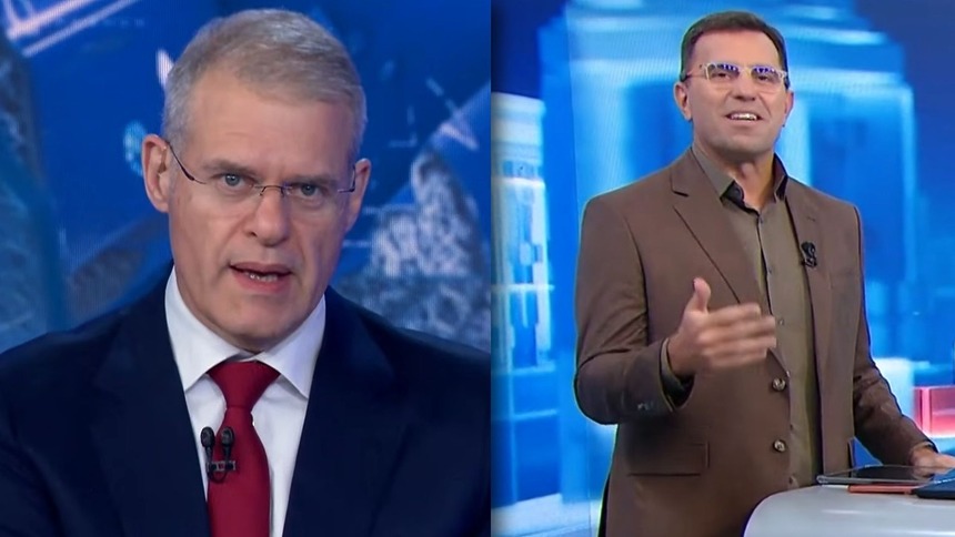 Eduardo Oinegue, no Jornal da Band, e Rodrigo Bocardi, no SBT Cidades, em uma montagem