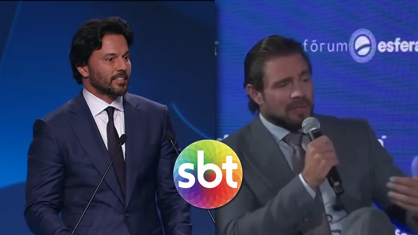 Fábio Faria discursando no lançamento do SBT News divide tela com Daniel Vorcaro discursando em um fórum. Entre a montagem está o logo do SBT