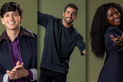 Léo Foguete, Pedro Scooby e Kenya Sade em uma montagem na divulgação da Dança dos Famosos