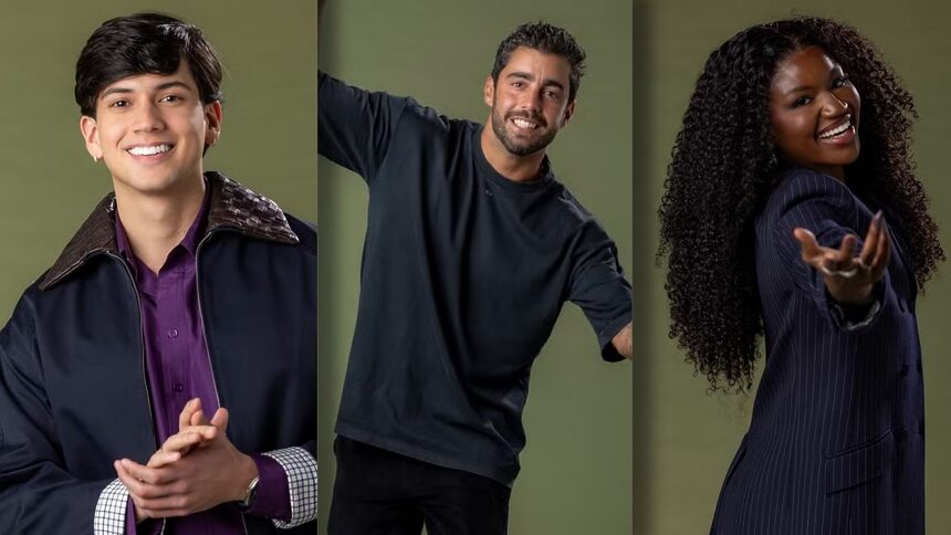 Léo Foguete, Pedro Scooby e Kenya Sade em uma montagem na divulgação da Dança dos Famosos