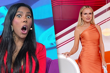 Montagem Carol Lekker com a boca aberta dividindo tela com Eliana no cenário da TV Globo