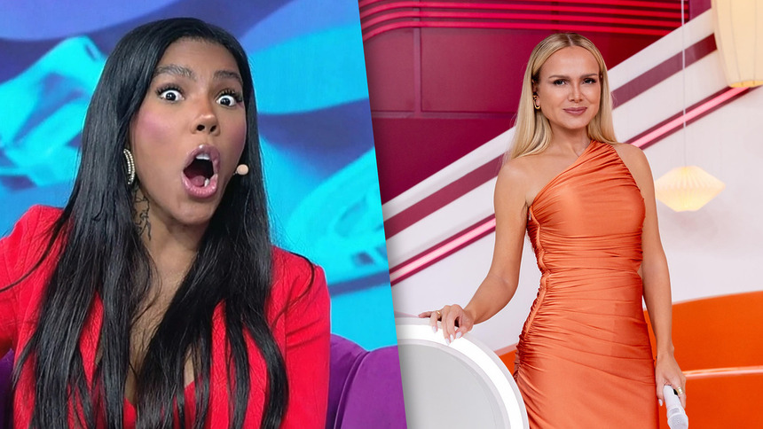 Montagem Carol Lekker com a boca aberta dividindo tela com Eliana no cenário da TV Globo