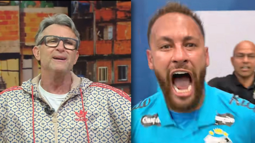 Montagem do Craque Neto com semblante debochado enquanto critica Neymar no programa Os Donos da Bola. Do outro lado Neymar grita contra o Remo
