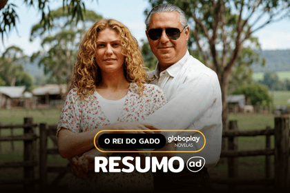 Luana (Patricia Pillar) e Regino (Jackson Antunes) lado a lado na arte de divulgação de O Rei do Gado