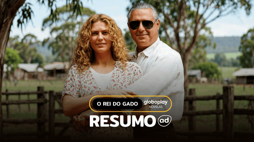 Luana (Patricia Pillar) e Regino (Jackson Antunes) lado a lado na arte de divulgação de O Rei do Gado