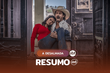 Rafael Lagos (José Ron) carrega Fernanda Linhares (Livia Brito) que está desacordada em cena da novela na arte do resumo da Novela A Desalmada
