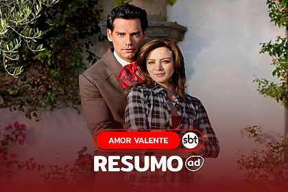 Daniel (Cristián de la Fuente) e Camila Monterde (Silvia Navarro) abraçados na arte do Resumo Da Novela Amor Valente