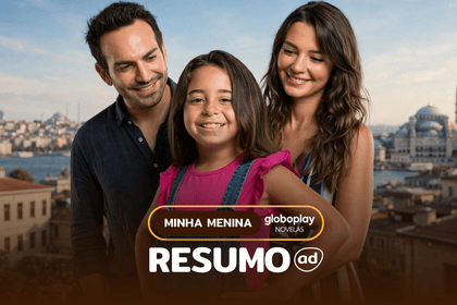 Demir, Oyku e Candan sorridentes na arte do resumo da novela Minha Menina