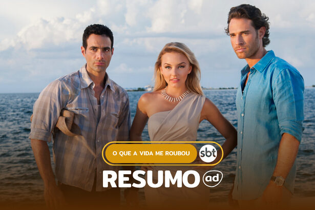 José Luis Alvarez (Luis Roberto Guzmán), Montserrat Mendonça (Angelique Boyer) e Alessandro Almonte (Sebastián Rulli) lado a lado e em pé na frente de um mar na arte do resumo da Novela O Que A Vida Me Roubou