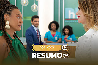 Vanessa (Alinne Moraes) e Bela (Sheron Menezzes) se encaram em frente a recepção do Hospital & Maternidade Luz na arte do Resumo De Por Voce