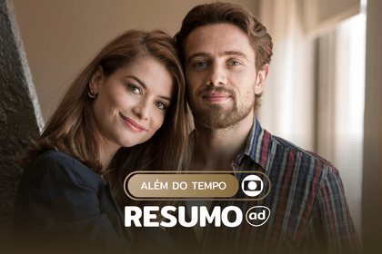 Lívia (Alinne Moraes) e Felipe (Rafael Cardoso) abraçados e sorridentes na arte do resumo de Além do Tempo