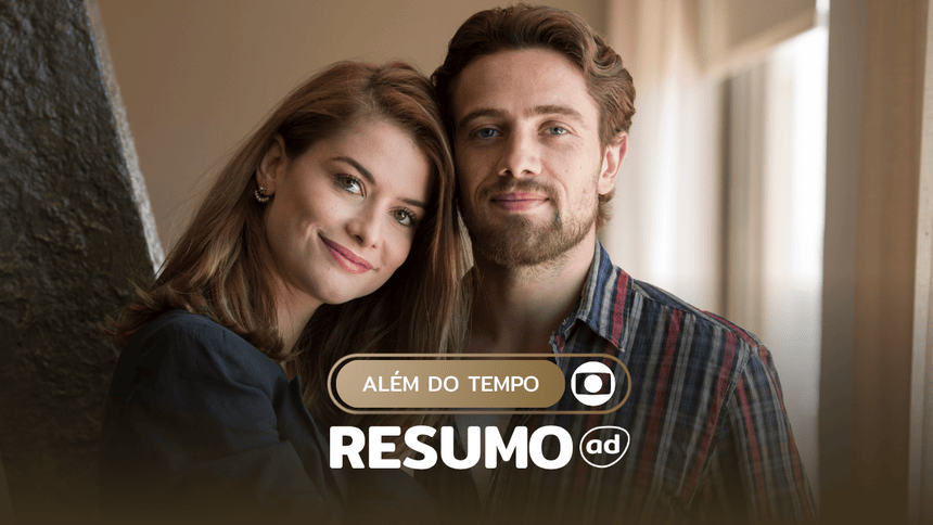 Lívia (Alinne Moraes) e Felipe (Rafael Cardoso) abraçados e sorridentes na arte do resumo de Além do Tempo