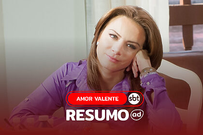 Camila Monterde (Silvia Navarro) sentada em uma mesa de escritório e pensativa na arte do resumo de Amor Valente