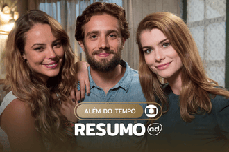 Melissa (Paolla Oliveira) Felipe (Rafael Cardoso) e Lívia (Alinne Moraes) abraçados e sorridentes nos bastidores da novela. A imagem está na arte do resumo de Além do Tempo