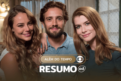 Melissa (Paolla Oliveira) Felipe (Rafael Cardoso) e Lívia (Alinne Moraes) abraçados e sorridentes nos bastidores da novela. A imagem está na arte do resumo de Além do Tempo