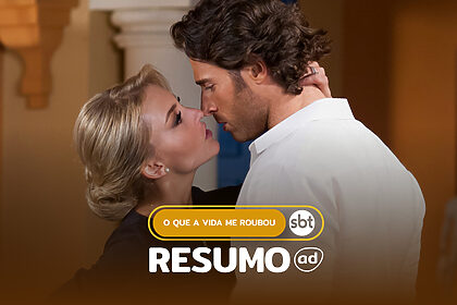 Montserrat Mendonça (Angelique Boyer) e Alessandro Almonte (Sebastián Rulli) prestes a se beijar na arte do resumo da Novela O Que A Vida Me Roubou