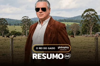 Bruno Mezenga (Antonio Fagundes) com óculos escuro na arte do resumo de O Rei do Gado