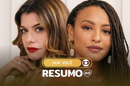 Vanessa (Alinne Moraes) e Bela (Sheron Menezzes) lado a lado com semblantes sérios na arte do Resumo De Por Voce