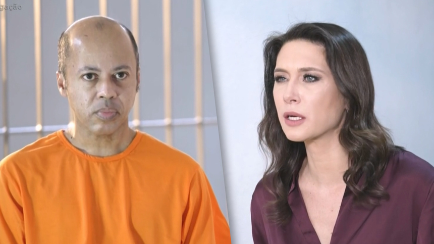 Serial Killer Albino Santos de Lima olha fixamente para apresentadora Thais Furlan em gravação do Doc Investigação dentro de uma cadeira de Maceió, Alagoas