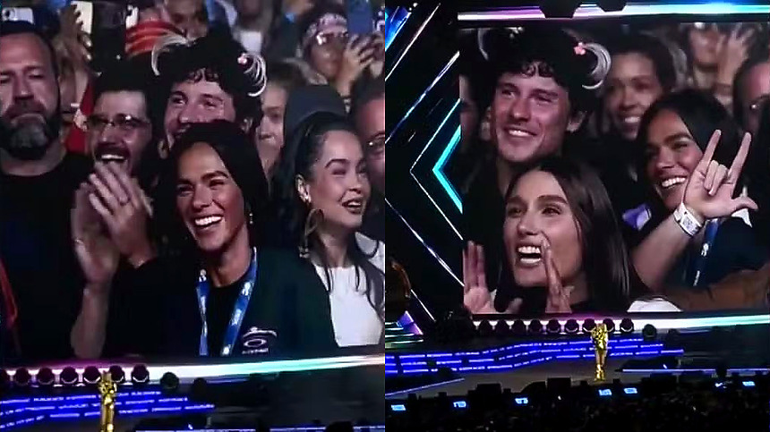 Shawn Mendes, com Xuxinha na cabeça, surge no telão do show de Xuxa ao lado de Sasha e Bruna Marquezine
