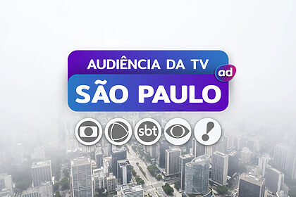 Gráfico sobre audiência de TV em São Paulo, com o título "Audiência da TV" e os logos da Globo, RECORD, SBT, Band e RedeTV!, sobre um fundo de cidade de São Paulo
