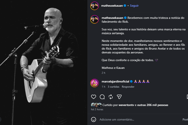 Homenagem de Matheus E Kauan com foto do cantor Rick Sollo em preto e branco publicada no instagram