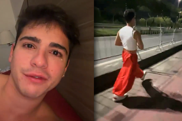 João Victor Gonçalves, o Mau Mau de 'Quem Ama Cuida' chorando deitado em uma cama dividindo tela com o trecho do momento em que o streamer GH Rell RJ o ataca com falas homofóbicas