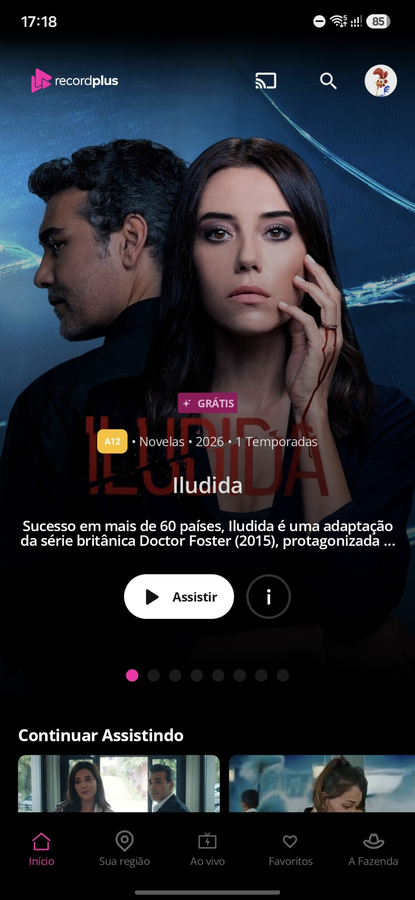 Novo layout do Recordplus em tela de um smartphone com destaque para a novela Iludida