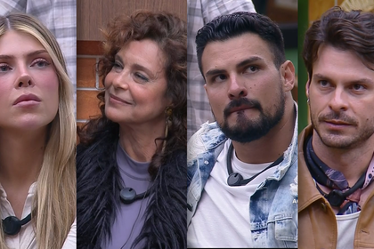 Ana Bruna, Giovanna Gold, Igor Monteiro e Renê Thristan sentados na sala de A Fazenda 18