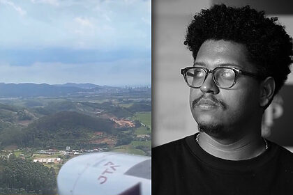 Montagem com imagem da janela do helicóptero de Rick ao lado de Paulo Soares Videomaker que está em preto e branco