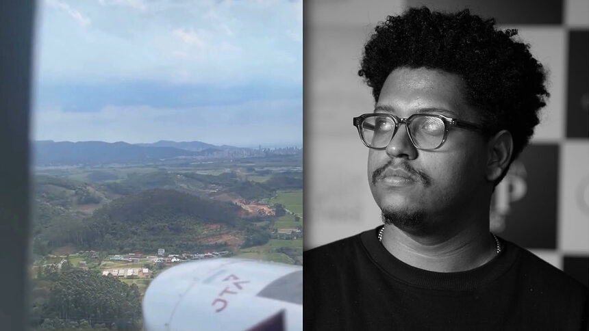 Montagem com imagem da janela do helicóptero de Rick ao lado de Paulo Soares Videomaker que está em preto e branco