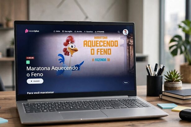 Tela da página de A Fazenda 18 aberta no Recordplus em um notebook em cima da mesa de um escritório