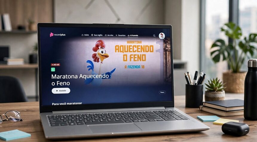 Tela da página de A Fazenda 18 aberta no Recordplus em um notebook em cima da mesa de um escritório