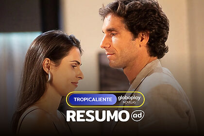 Letícia (Silvia Pfeifer) de frente a François (Victor Fasano). Os dois estão em pé numa sala na arte do resumo de Tropicaliente