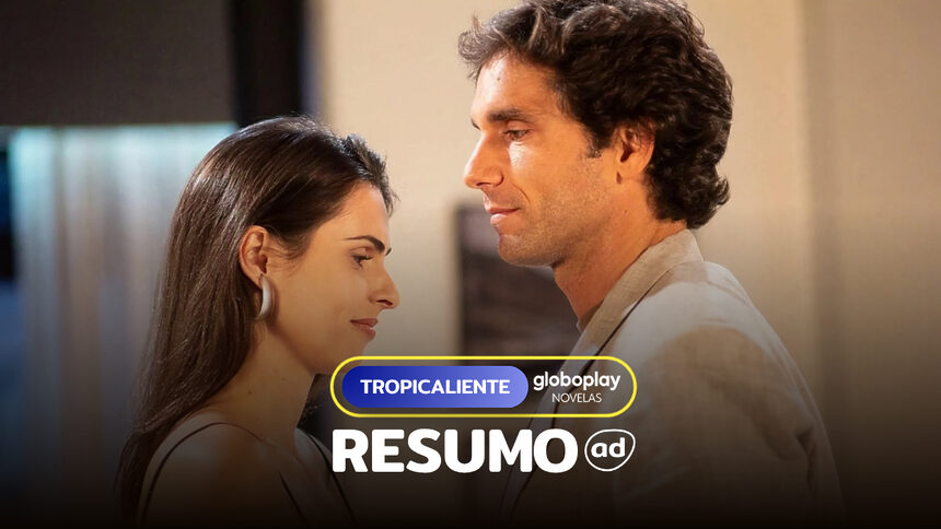 Letícia (Silvia Pfeifer) de frente a François (Victor Fasano). Os dois estão em pé numa sala na arte do resumo de Tropicaliente