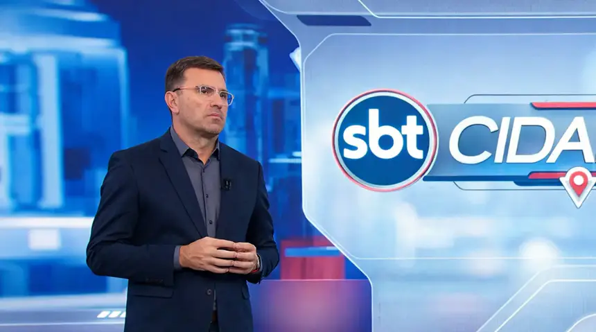 Rodrigo Bocardi com semblante sério em pé na frente do logo do SBT Cidades