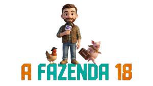 Toninho, um galinho e um porco segurando uma mala ao lado do logo de A Fazenda 18