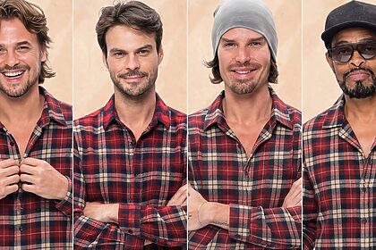 Daniel, Igor, Jônatas e Thaíde sorridentes com roupas da Baia de A Fazenda 18