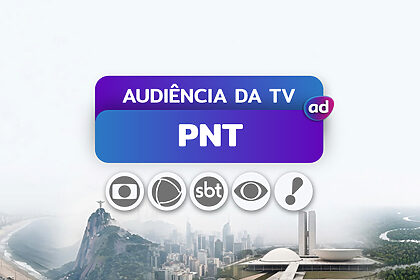 Logo das emissoras TV Globo, RECORD, SBT, Band e RedeTV! na arte dos consolidados de Audiência da TV. Ao fundo a o mapa do Brasil representando o PNT