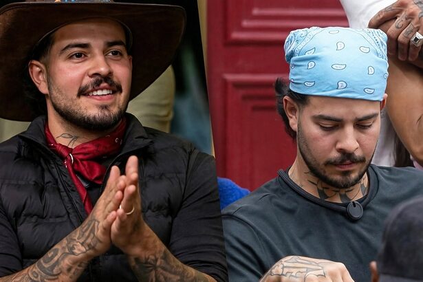 Jottape em montagem com dois semblantes, no primeiro com chapéu de fazendeiro sorridente e depois no sofá de A Fazenda após perder imunidade para Giovanna