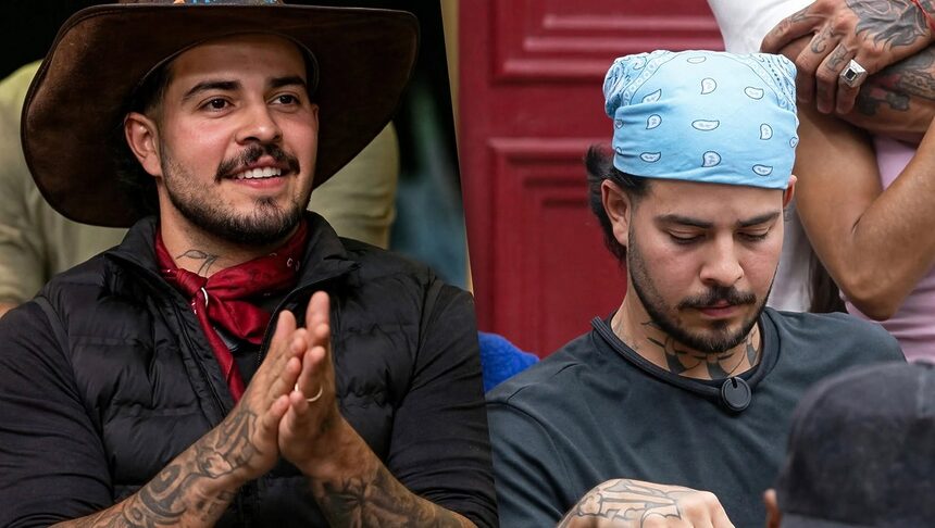 Jottape em montagem com dois semblantes, no primeiro com chapéu de fazendeiro sorridente e depois no sofá de A Fazenda após perder imunidade para Giovanna
